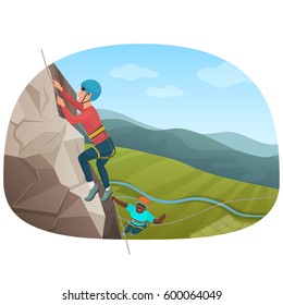 Two multi ethnic climbers climbing on the rock vector illustration