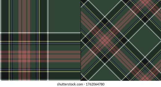 Two multicolor dark green plaid patterns. Tartan design for fabric, textile, wrapping etc.