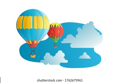 Dos globos multicolores en un cielo azul nublado. Globos de aire caliente azules y rojos. Ilustración vectorial. Estilo plano, fondo horizontal.