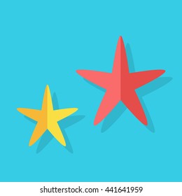 Two multi-colored cheerful cute starfishes on a blue background. Red and yellow cartoon starfishes in flat style. Vector illustration
