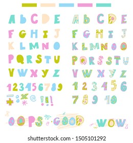 two multi-colored cheerful fonts for children are drawn by hand