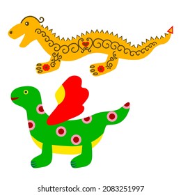 Two multicolored dragons, a dragon with wings and a dragon with a crest on its back