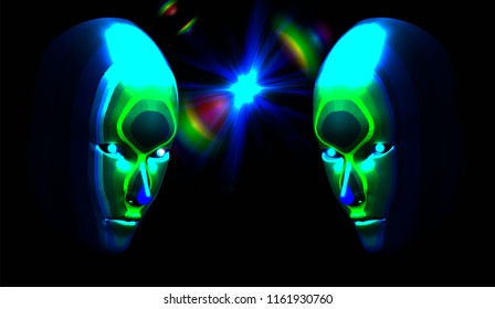 Two multicolored heads against each other, against a background of bright light in the dark. Carnival inventory. Vector illustration