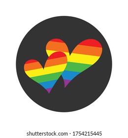 Two multi-colored rainbow hearts in a black circle. LGBT symbol.