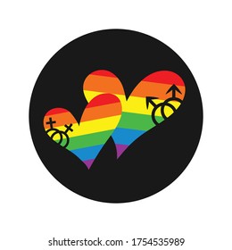 Two Multi-colored Rainbow Hearts With Gender Symbols In A Black Circle. LGBT Symbol.