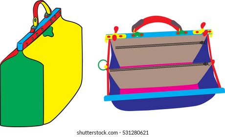 Two multi-colored valise - one is closed and one is open unbuttoned