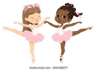 Dos Chicas Multiculturales Bailando. Baile De Niña Ballerina. Los niños afroamericanos usan vestimenta rosada tutu y bailan entrenamiento de punta. Ilustración de dibujos animados caucásicos de la niña ballet.