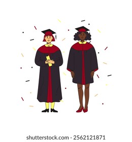 Two multiethnic female students wearing gown and cap at graduation ceremony.