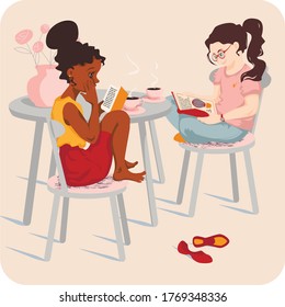 Two multiethnic girl friends sitting on a chair and drinking coffee while reading books. Vector illustration to express unity in diversity.