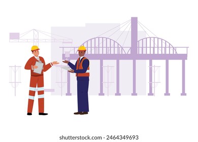 Two multiethnic male colleagues, wearing protective helmets and work clothes, discuss a new project on-site. Behind them, a bridge, crane, and electric cables