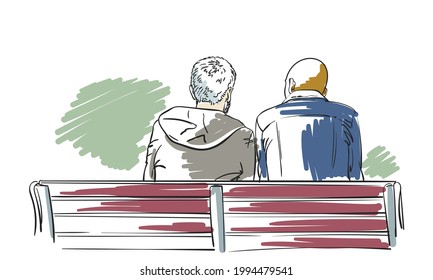 Two multiethnic men sit on bench view from back vector drawing, Male couple different race sitting together, Hand drawn illustration