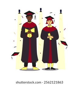 Two multiethnic students wearing gown and cap at graduation ceremony.