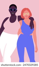 Two multiethnic women are embracing together after a fitness class. Vector flat illustration. Vector flat illustration