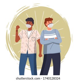 Dos tipos multinacionales con máscaras médicas en la cara cruzaron las manos en el pecho y mostraron un colorido fondo vectorial gesto de lucha. Concepto de epidemia mundial. Los hombres jóvenes protegen del virus con máscara respiratoria