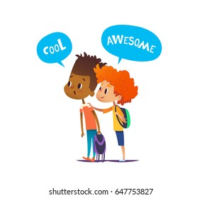 Two multiracial boys with backpacks stand amazed and surprised. Pair of school friends look in astonishment in one direction. Vector illustration for banner, website, advertisement, poster, postcard.