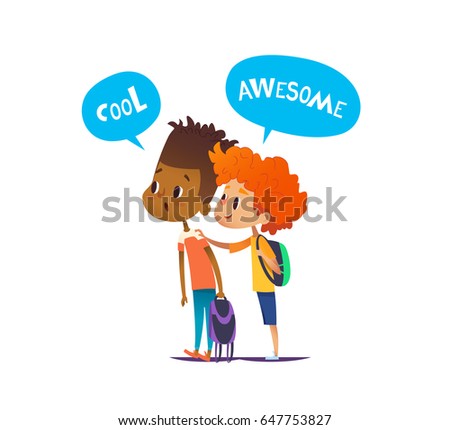 Two multiracial boys with backpacks stand amazed and surprised. Pair of school friends look in astonishment in one direction. Vector illustration for banner, website, advertisement, poster, postcard.