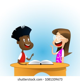 Two Multiracial Children Studying, Reading Books And Discuss Them. Kids Talking To Each Other At School Library. Cartoon Vector Illustration