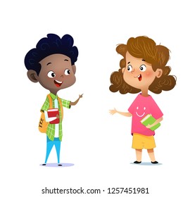 Two multiracial children studying, reading books and discuss them. Cartoon vector illustration