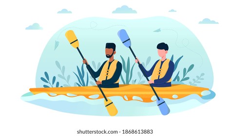 Two multiracial friends in yellow life vest going kayak. Concept of summer ocean activities. Water sport, vacation on the beach. Flat cartoon vector illustration