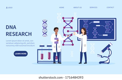 Two multiracial geneticists doing DNA research in a laboratory with charts, diagrams and test tubes, colored vector illustration with copy space