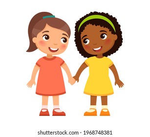 Two multiracial little girls holding hand, cartoon characters. Smiling kids,  Friendship concept. Vector illustration.