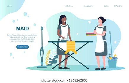 Two multiracial maids ironing clothes. Female characters in uniforms cleaning house or hotel. Concept of cleaning service making apartment clean and fresh. Website, web page, landing page template