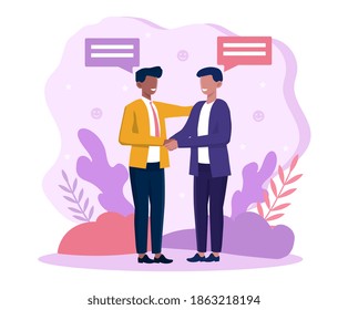 Two multiracial male characters shaking hands. Concept of relationship with friends. Reliability and consistency. Flat cartoon vector illustration