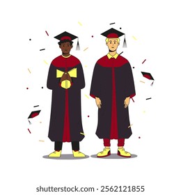 Two multiracial students wearing gown and cap at graduation ceremony.