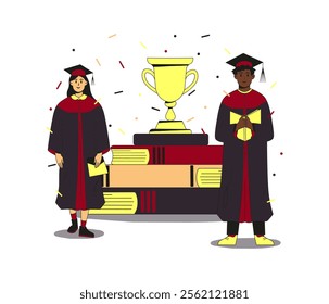 Two multiracial students wearing gown and cap at graduation ceremony.