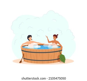 Two multiracial woman friends at wooden barrel bath relax heat spa. Relaxation therapy and hot steam healthcare. Diverse female gossip at Japan bathhouse wellness and treatment vector flat