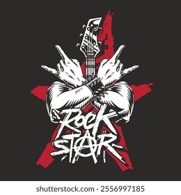 Two muscular arms perform rock hand gestures with a guitar in the background. The design features a bold star and striking lettering emphasizing a rock star theme.