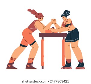 Two muscular girls are involved in a tense arm wrestling match. A vector illustration of the rivalry of athletes demonstrating strength and on the table.