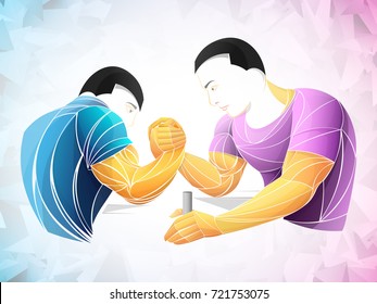 Two muscular hands clasped arm wrestling, vector sport.