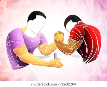 Two muscular hands clasped arm wrestling, dark skinned vector sport.