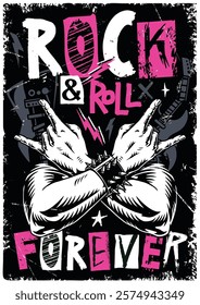 Two muscular hands with spiked bracelets show rock and roll gestures against a bright background. The design features bold text emphasizing the enduring spirit of rock music.