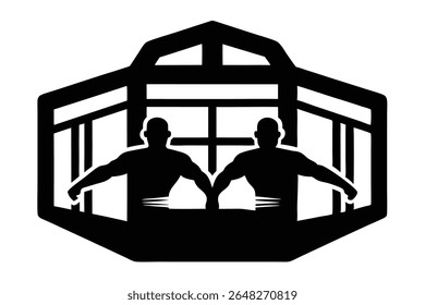 Two muscular male silhouettes stand inside a black octagon cage. The style is bold and graphic with high contrast.