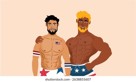 Two muscular men with American themed shorts posing in patriotic style