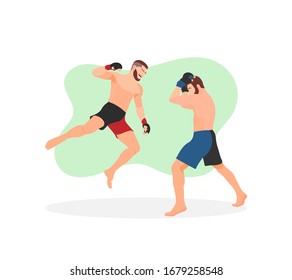 Dos hombres musculares o chicos que tienen competencia de partidos de MMA. Los luchadores luchan. Pelea profesional. Hombre saltando y dando un puñetazo a un superhombre. Signo o icono de ataque agresivo - Ilustración vectorial de diseño plano.