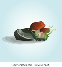 Two mushroom growing under a rock in the grass and forest moss. Vector illustration.