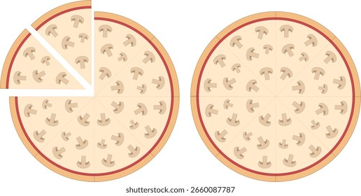 Dos pizzas de champiñones lado a lado. La pizza de la izquierda tiene algunas rebanadas que faltan