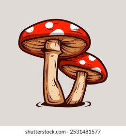 two mushrooms line art style sketch classic vintage design illustration