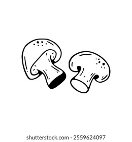 Two mushrooms are shown in a black and white drawing