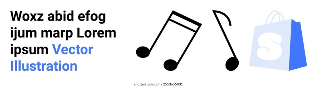 Two musical notes in black beside a blue shopping bag with a white S and placeholder text in black and blue. Ideal for e-commerce, entertainment, music, shopping, web design. Landing page