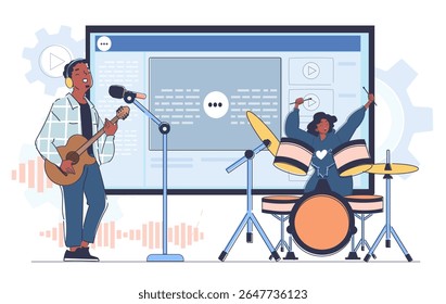 Dois músicos tocando guitarra e bateria em uma sessão virtual on-line com uma grande interface de tela digital em segundo plano. Conceito de colaboração musical online. Ilustração vetorial
