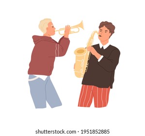 Two musicians playing saxophone and trumpet. Music players performing jazz with brass woodwind instruments. Flat vector illustration of people with sax and saxhorn isolated on white background