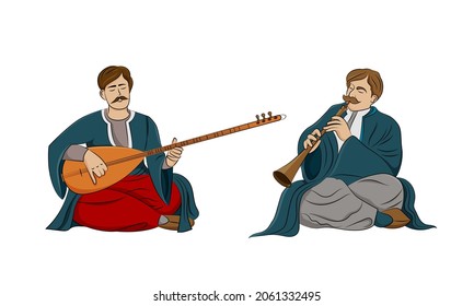 Two musicians playing saz. Folk Turkish musical instrument.