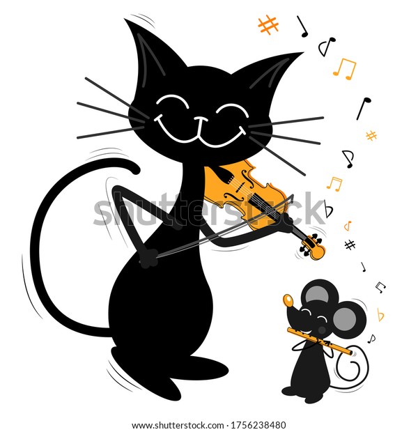 Two Musiciansfriends Black Cat Grey Mouse Stock Vector Royalty Free