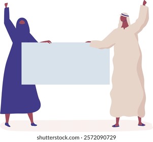 Two muslim activists, a woman wearing a hijab and a man in traditional clothing, are holding a blank banner and raising their fists in a powerful demonstration of protest or support