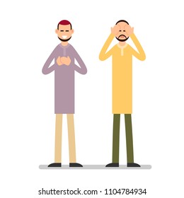  Two Muslim arabic men in different suit and traditional clothes standing and praying. The performance of Muslim prayer by men with raised hands. Illustration in flat style. Isolated.

