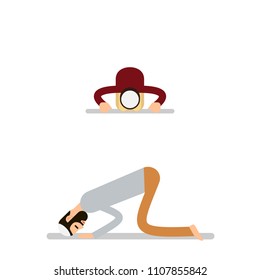 Two Muslim arabic men in different suit and traditional clothes sitting and praying. Performance of Muslim prayer by men in poses on knees. Illustration in flat style. Isolated.
